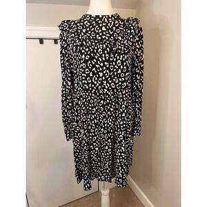 böhme Black White Ruffle Long Sleeve Dress Medium Animal Print Shift